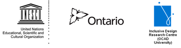Logo's UNESCO-United Nations Educational, Scientific and Cultural Organization, the Government of Ontario and the Inclusive Design Research Centre (OCAD University)