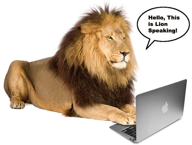 getruceerde foto van een leeuw aan een mac die zegt "hello this is lion speaking"
