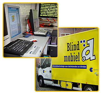 Collage met een foto van de binnen- en de buitenkant van de Blind d mobiel