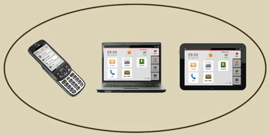 Doro Experience collage met GSM, laptop en tablet