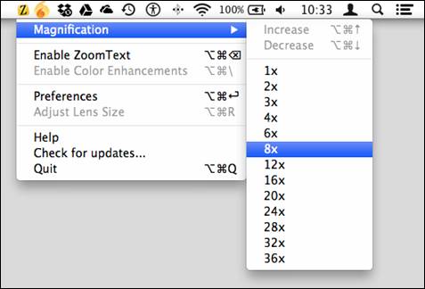 zoomtext voor Mac menu screenshot